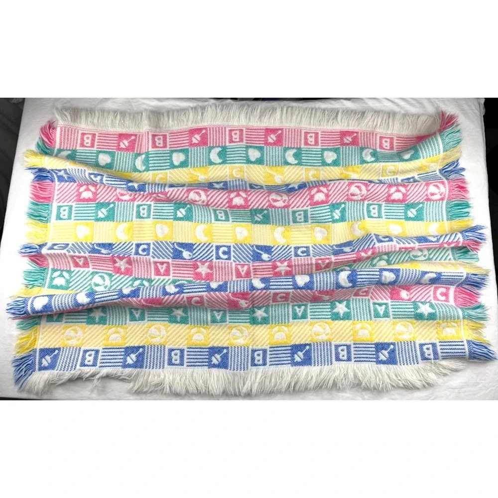 Vtg Woven Blocks Baby Blanket‎ Boy Girl Fringe A B C Rattle Heart Flower Bright
